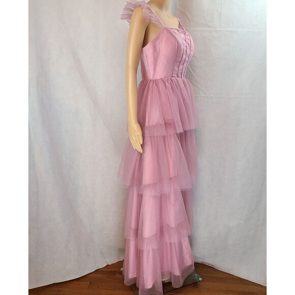 New Prom Dress (8) Dusty Rose A-Line Tulle Tiered Layered Long Dress with Slit - Picture 10 of 11